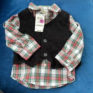 12M boys vest & button down shirt black green red white
